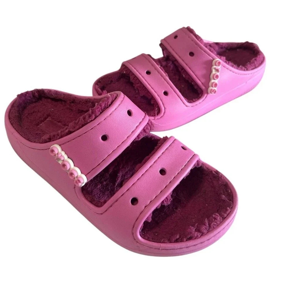 Crocs Saweetie Cozzzy Classic Womens 6 Pink Sherpa Lined Slip-On  Slides Sandals - Picture 2 of 11